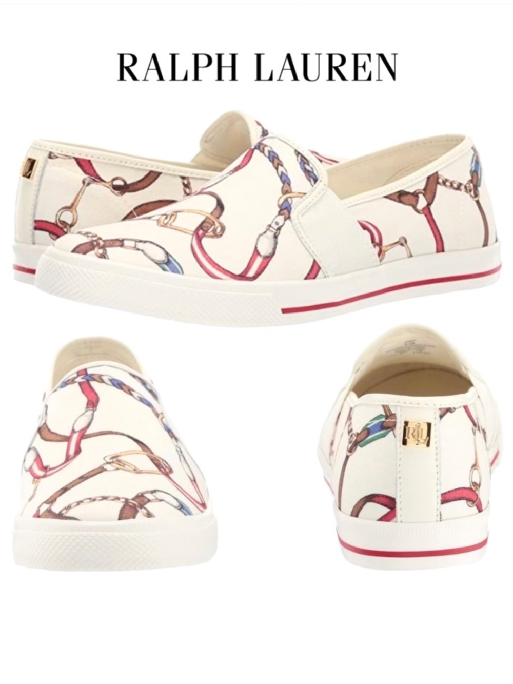 Ralph Lauren Jinny Canvas Designer Slip-On Low top Sneaker Loafers Gold Logo 9.5